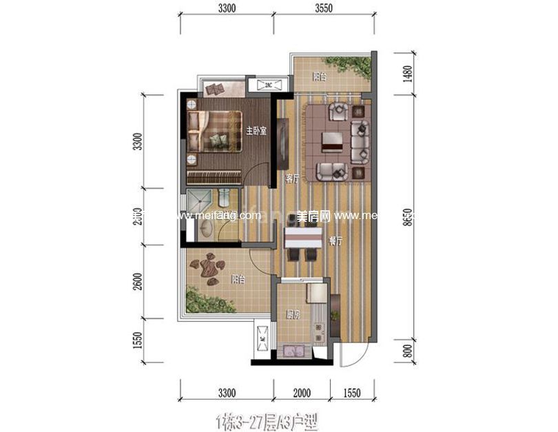 1栋A3户型1室2厅1厨1卫70