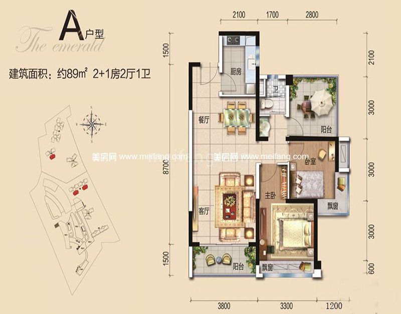 碧桂园翡翠山一期珑悦组团3#5#楼A户型 3室2厅1厨1卫 89㎡