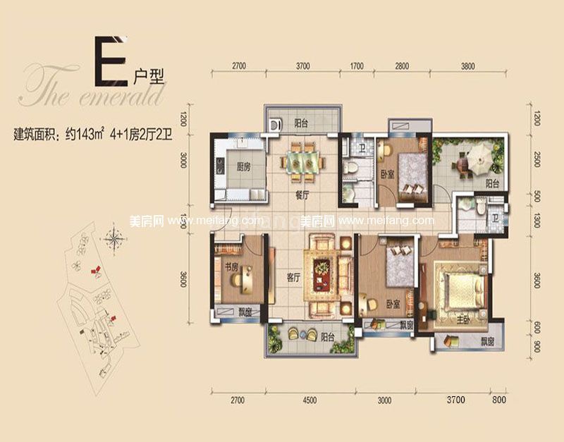 碧桂园翡翠山一期珑悦组团2#4#楼E户型 5室2厅1厨2卫 143㎡