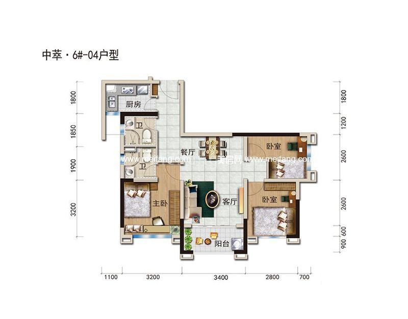一期6栋04户型 3室2厅1厨2卫 88㎡