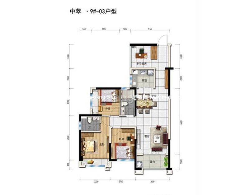 一期8、9栋03、04户型 3室2厅1厨2卫 90㎡