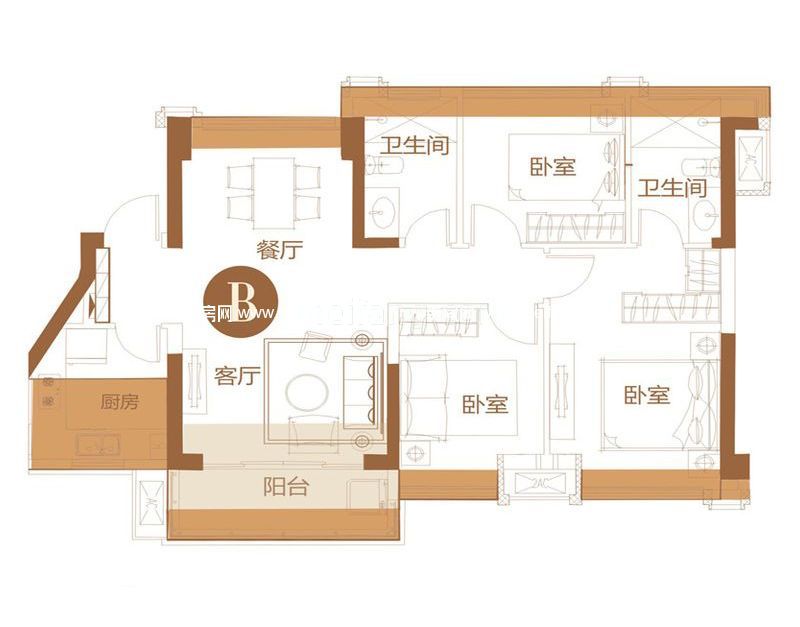 德润荣君府一期3#B户型 3室2厅2卫 88.00 ㎡ 