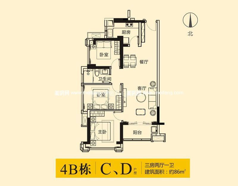 德润荣君府一期4#B座C/D户型 3室2厅1卫 86.00 ㎡ 