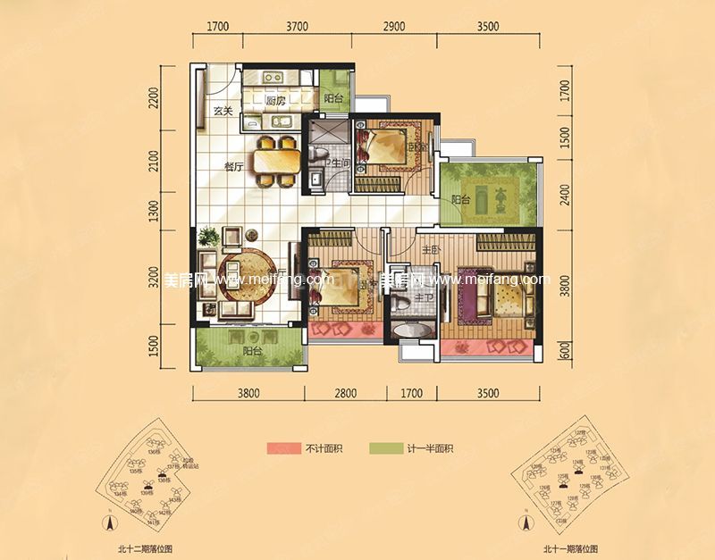 北11、12期M户型 3室2厅2卫 109㎡