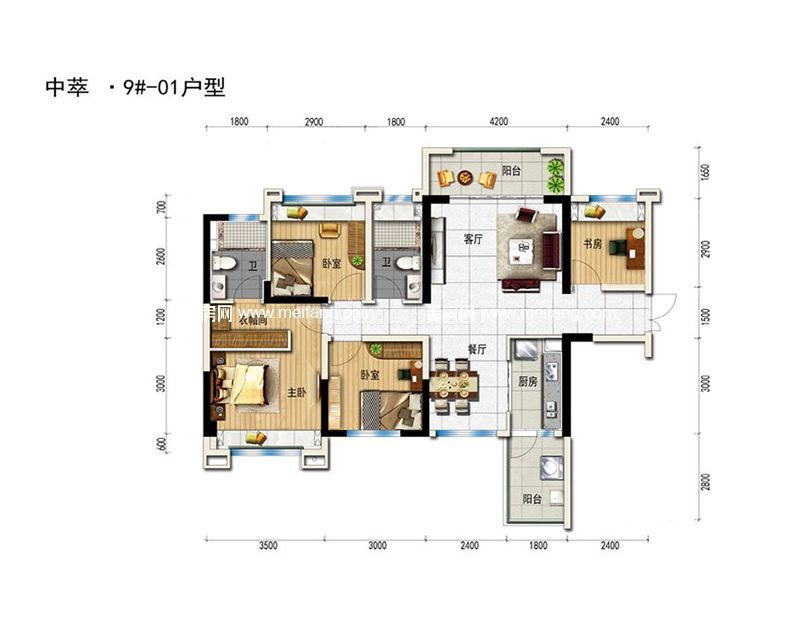 一期8、9栋F户型 4室2厅1厨2卫 104㎡