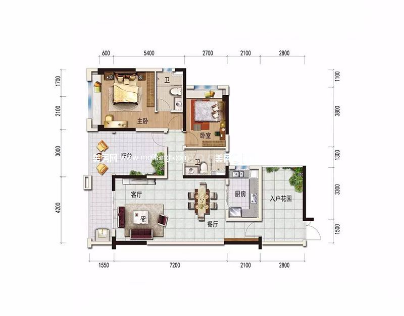 一期7栋G户型 2+2室2厅2卫 116㎡