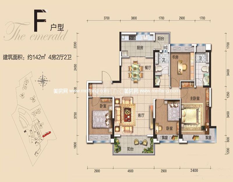 碧桂园翡翠山一期珑悦组团1#F户型 4室2厅1厨2卫 142㎡