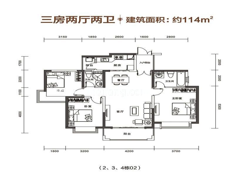 星城翠珑湾四期2-4栋02户型 3室2厅2卫 114.00㎡