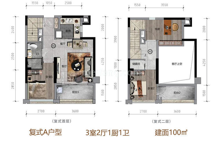复式A户型建面100㎡户型图 复式A户型建面100㎡户型图