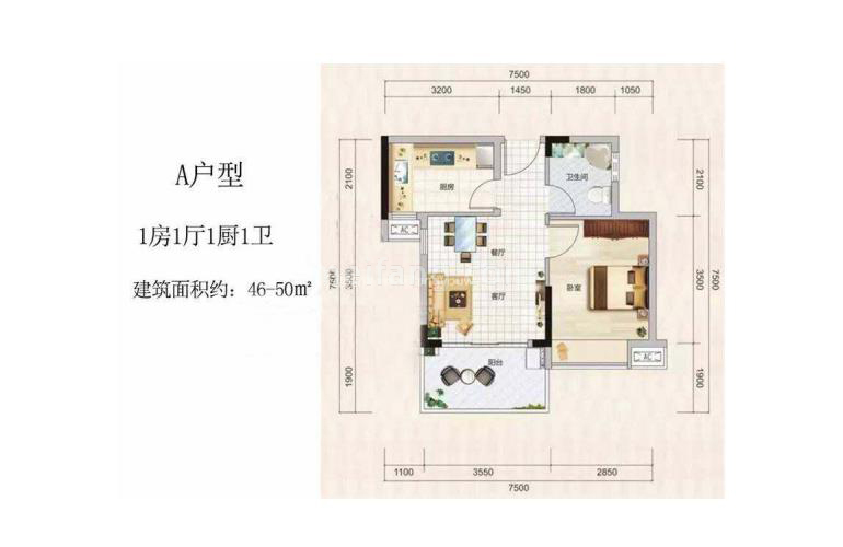 A户型 1室1厅1卫 建面46-50㎡