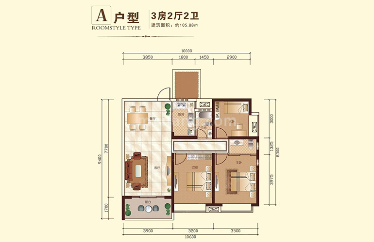 金地华府A户型 3室2厅2卫1厨 建面105.88㎡
