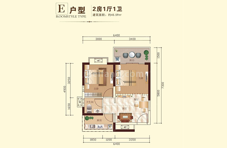 金地华府E户型 2室1厅1卫1厨 建面45.59㎡