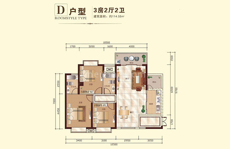 金地华府D户型 3室2厅2卫1厨 建面114.55㎡