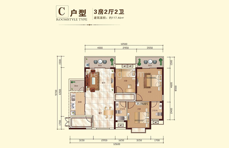 金地华府C户型 2室2厅2卫1厨 建面117.46㎡
