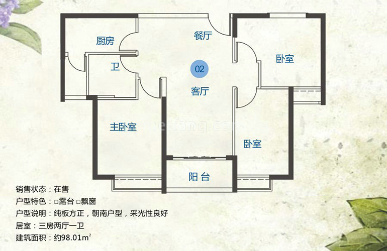 02户型 3室2厅1卫1厨 建面98㎡