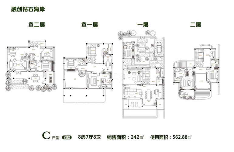 融创钻石海岸C户型 8室4厅8卫 建面242㎡