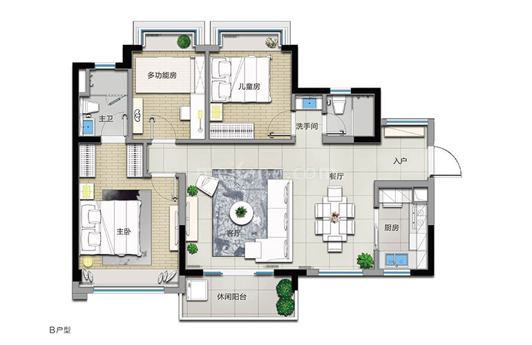 B户型 3室2厅2卫 建面104㎡