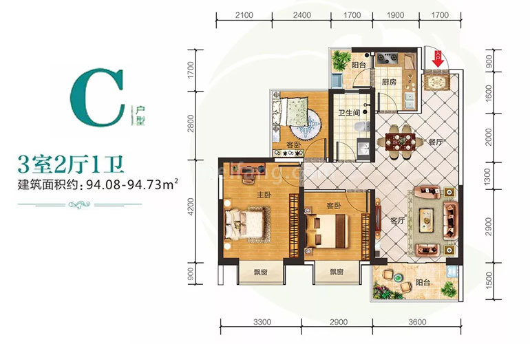 C户型 3室2厅1卫 建面94㎡