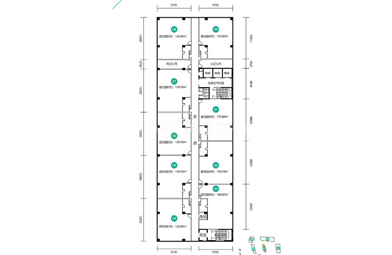 7号楼8-10层户型示意图 办公户型 建面154-160㎡