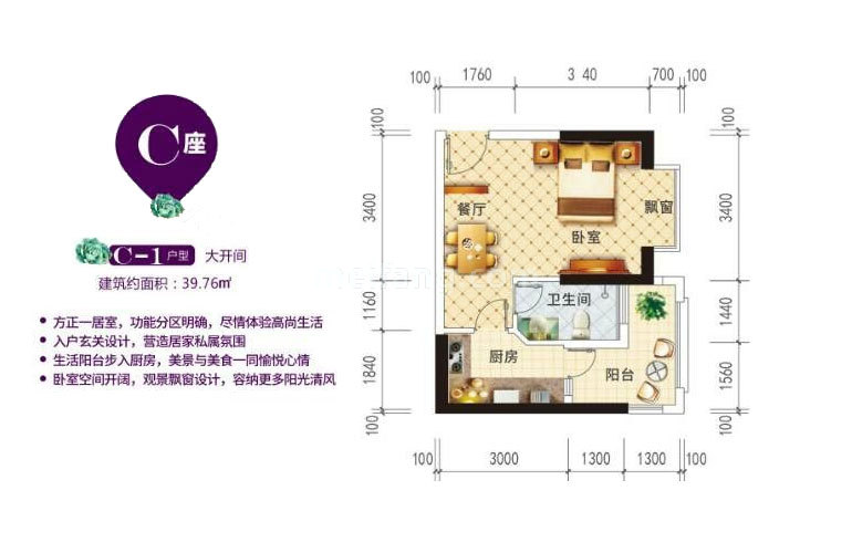 C-1户型 1房1厅1厨1卫 建面40㎡