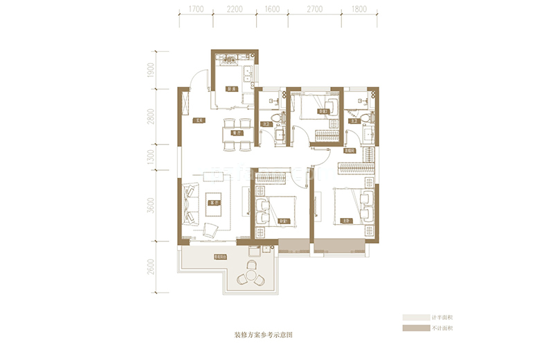 蓝光花田国际 G1户型 3室2厅2卫1厨 113.91㎡