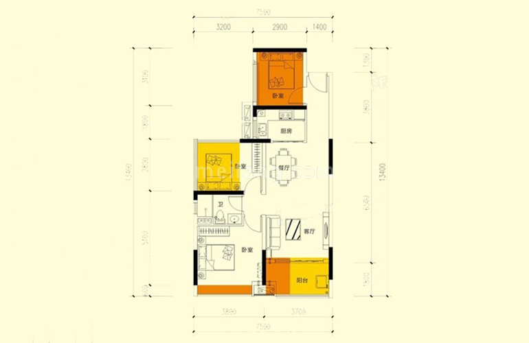 1#03户型 3室2厅1卫1厨 建面76㎡