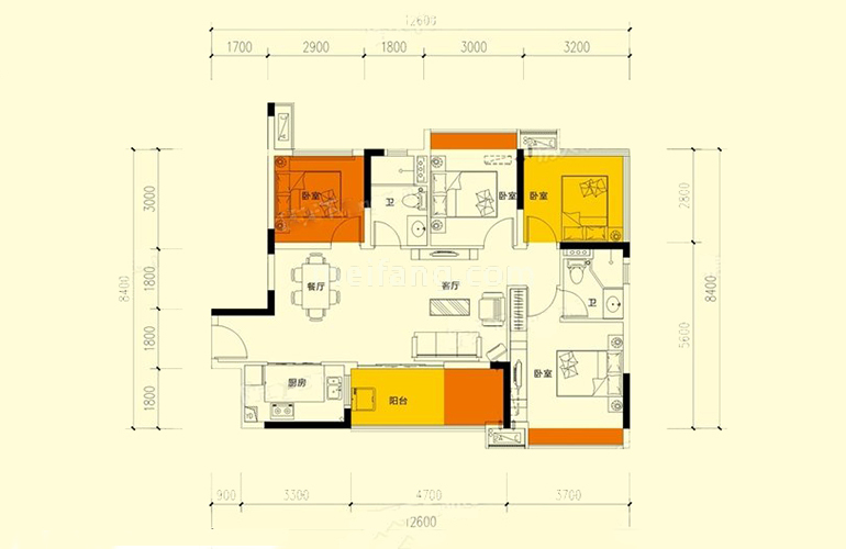 1#01户型 4室2厅2卫1厨 建面93㎡