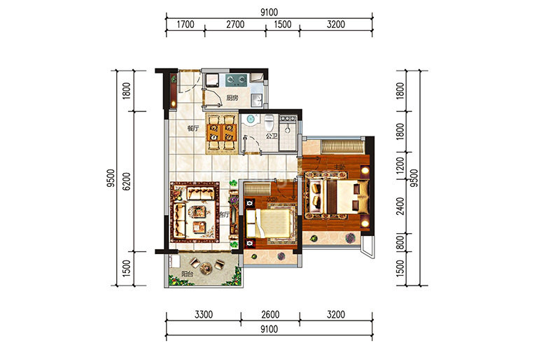 湾流汇B户型 2室2厅1卫1厨 建面71.61㎡