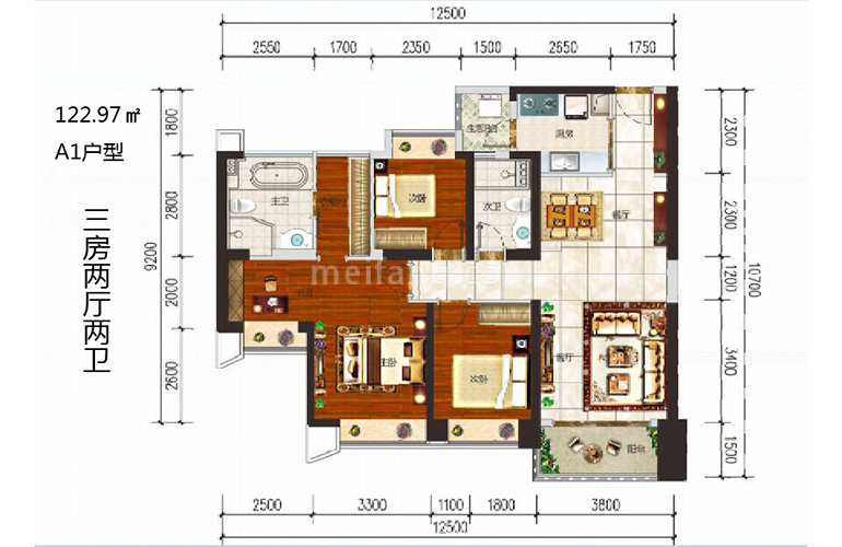 A1户型 3室2厅2卫1厨 建面122.97㎡