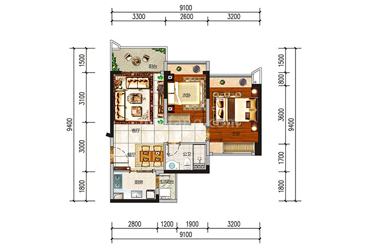 湾流汇A户型 2室2厅1卫1厨 建面69.6㎡
