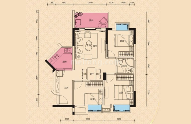 01户型 2室2厅1卫 建面86㎡