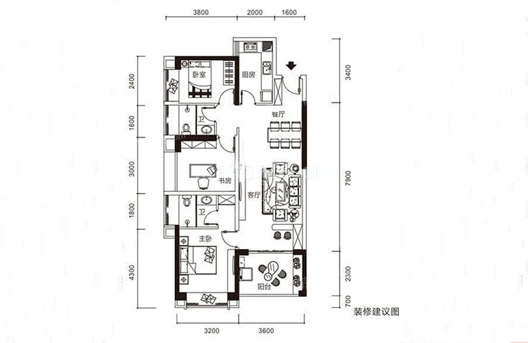 宁海尚峰2期3#F户型 2室2厅2卫1厨 建面96㎡