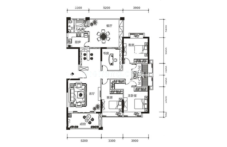 宁海尚峰2期1#A1户型 4室2厅2卫1厨 建面187㎡