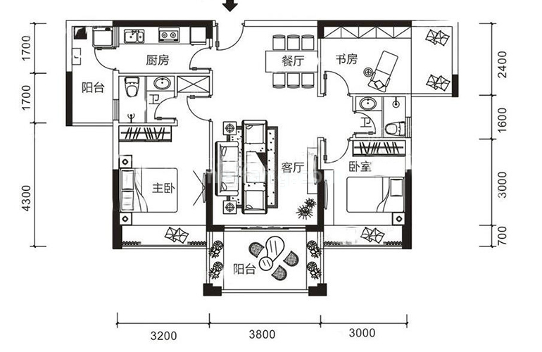 宁海尚峰2期1-2#C户型 3室2厅2卫1厨 建面100㎡