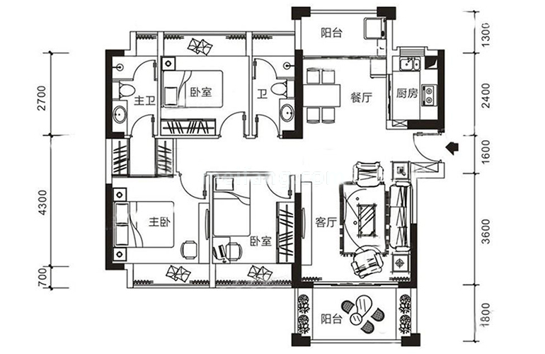 宁海尚峰2期1-2#B户型 3室2厅2卫1厨 建面100㎡