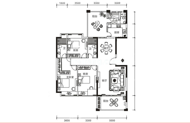 宁海尚峰2期1#A2户型 4室2厅2卫1厨 建面162㎡