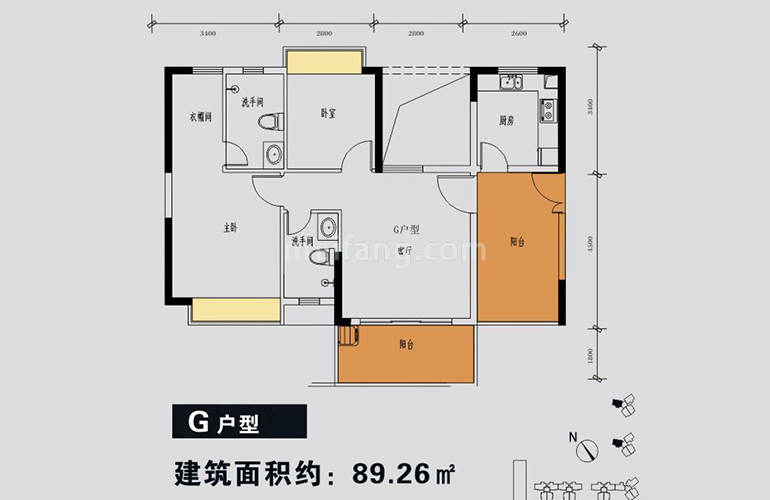G户型 3室2厅2卫1厨 建面89.26㎡
