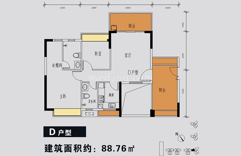 D户型 3室2厅2卫1厨 建面88.76㎡