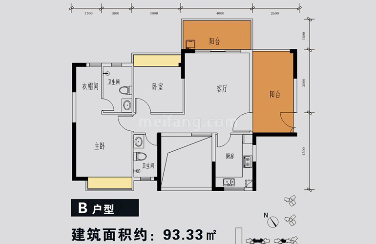 B户型 3室2厅2卫1厨 建面93.33㎡
