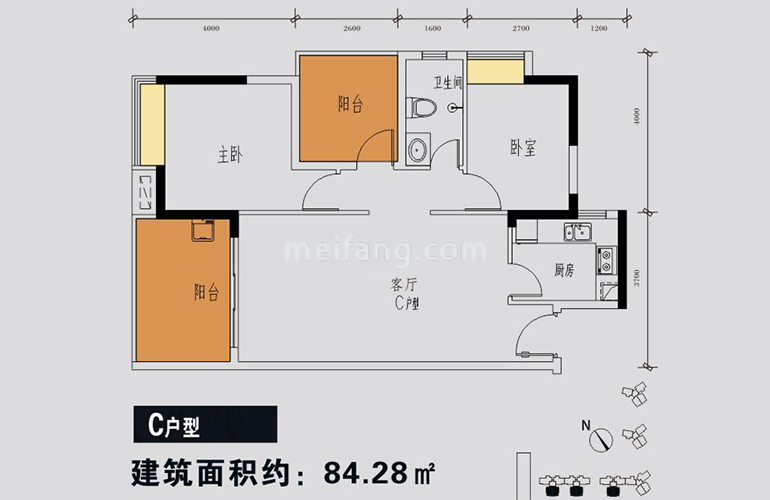 C户型 3室2厅1卫1厨 建面84.28㎡