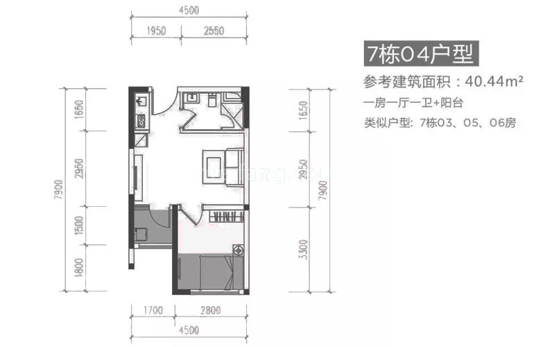 世邦佰亚燕都7栋04户型 1房1厅1卫 建面40㎡