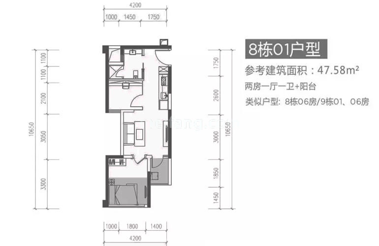 世邦佰亚燕都8栋01户型 2房1厅1卫 建面48㎡