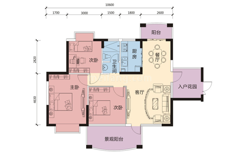 A1户型 3室2厅1厨1卫 建面97㎡