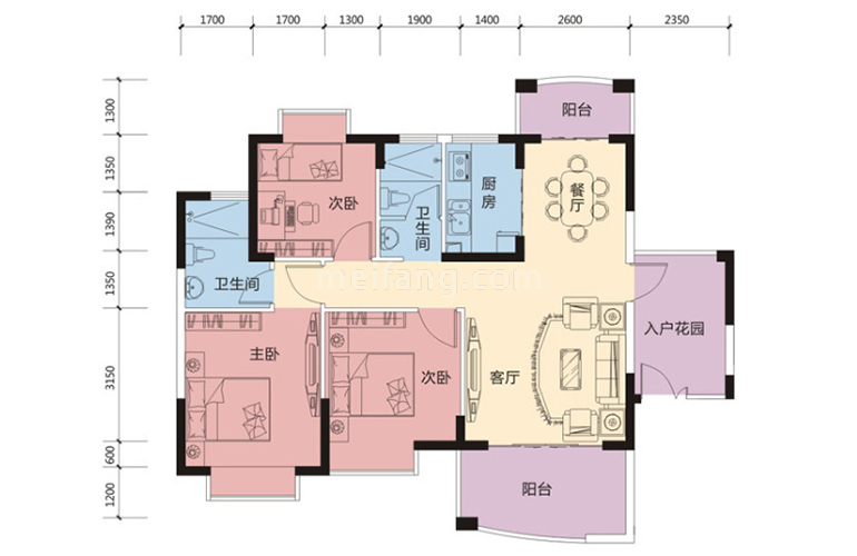 E1户型 3室2厅1厨1卫 建面105㎡