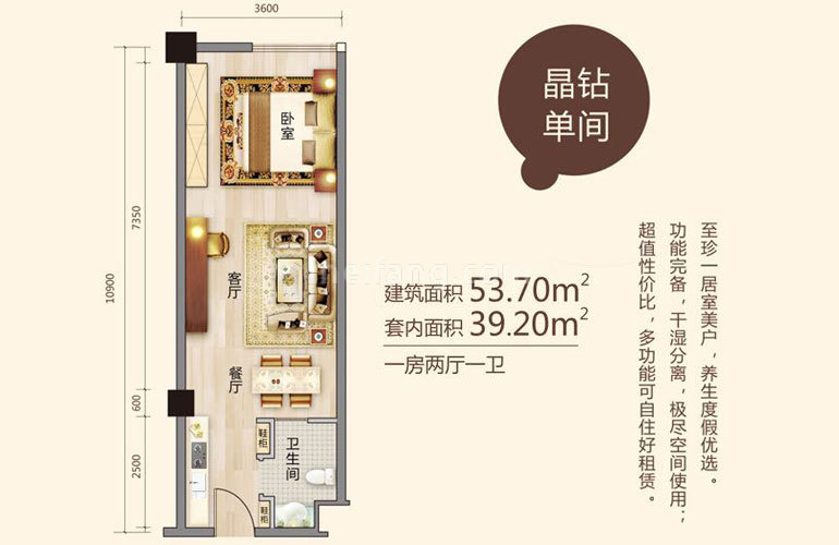 晶钻单间 1房2厅1卫 建面54㎡
