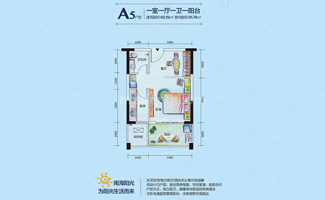 高层 A5户型 1室1厅1卫 建面42㎡