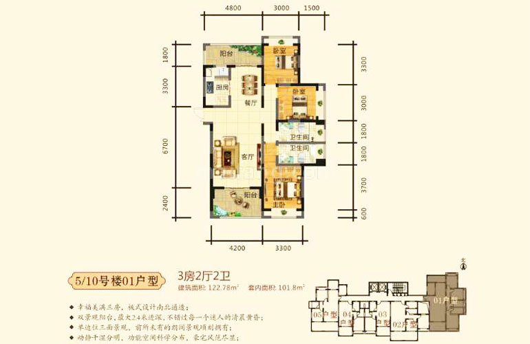 5#、10#01户型 3房2厅2卫 建面122.78㎡