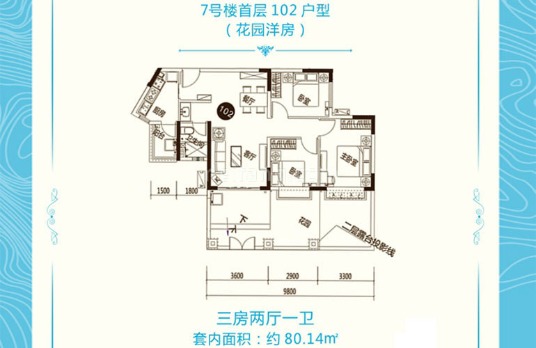 洋房7#102户型 3房2厅1卫 建面80㎡