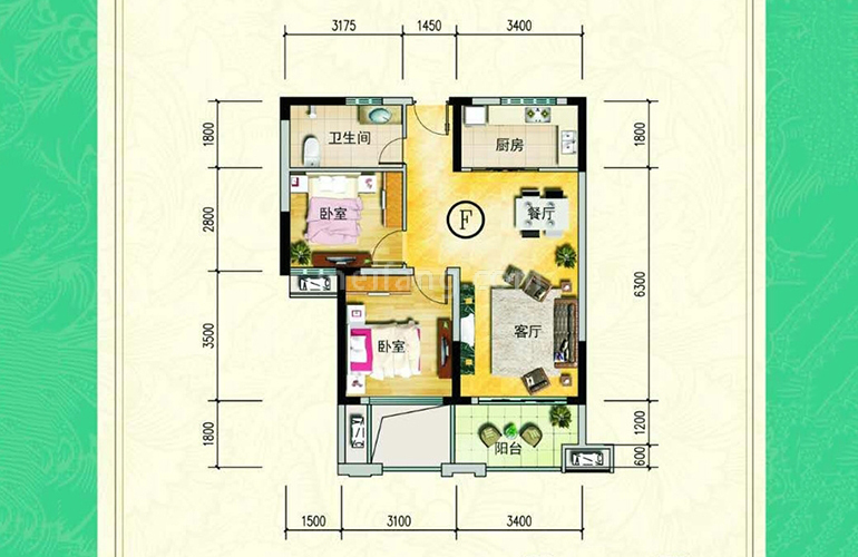 二期2户型 2室2厅1厨1卫 建面77㎡