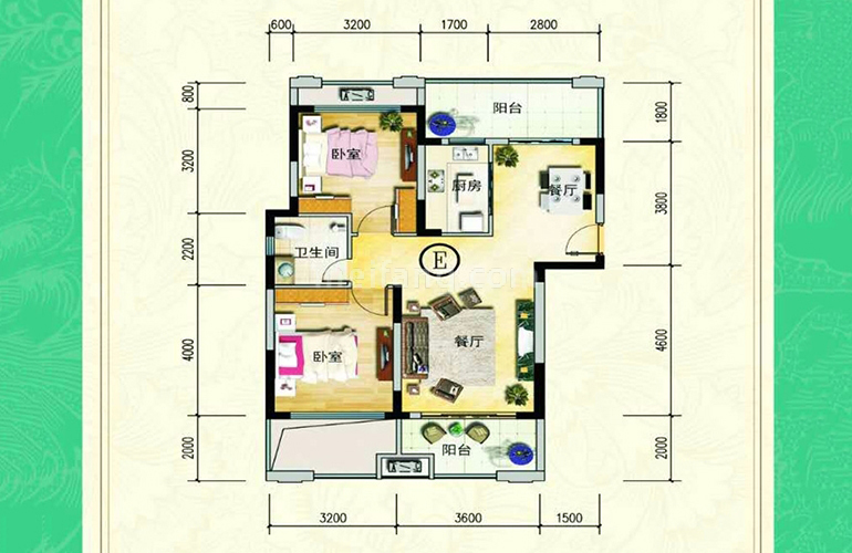 二期3户型 2室2厅1厨1卫 建面90㎡
